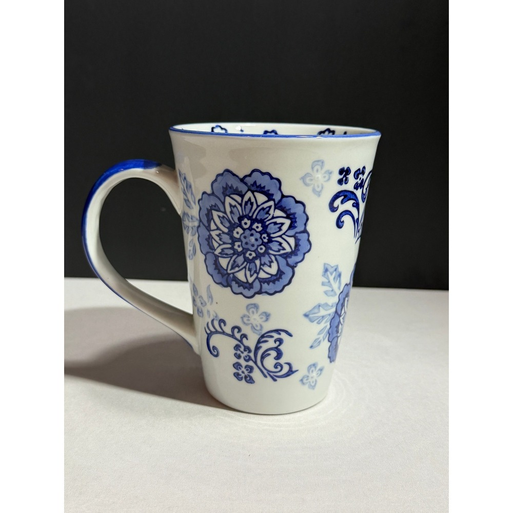 Yokohama Studio Hand-Painted Blue White Floral Ceramic Coffee Mug Tall Tapered